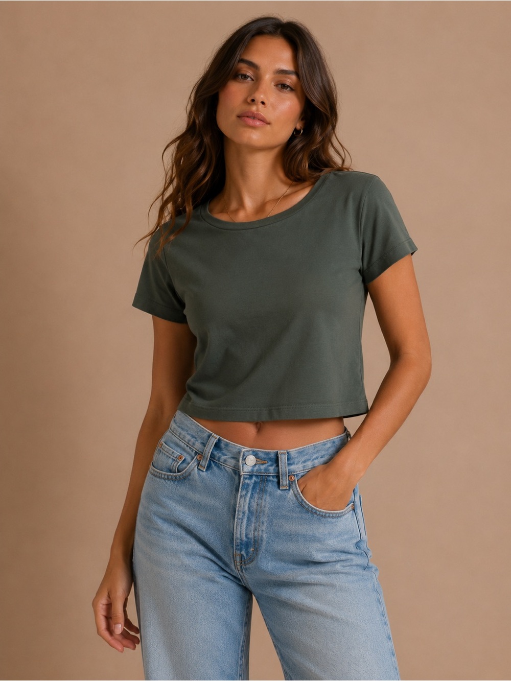 Wild Fable Olive Green Cropped T-Shirt Size L